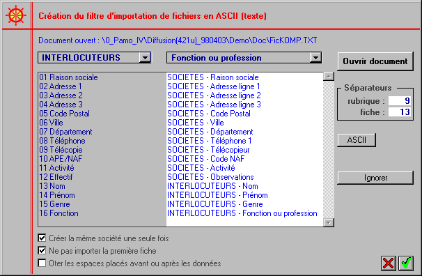 Filtre pour importer des societes